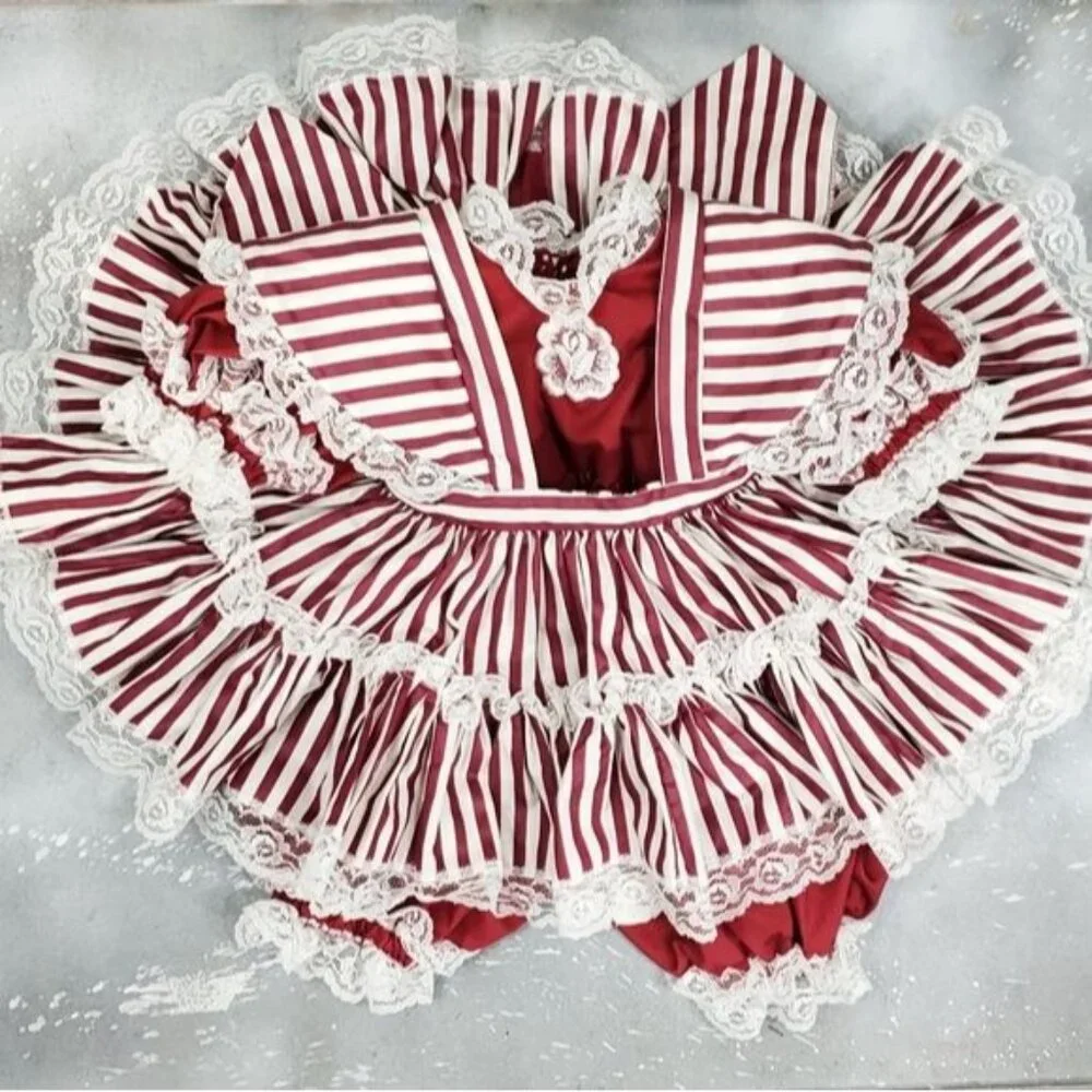 Vintage Lace Full Circle Pinafore Dress Bloomer Set Red Stripe Holiday Twirl - Picture 9 of 10
